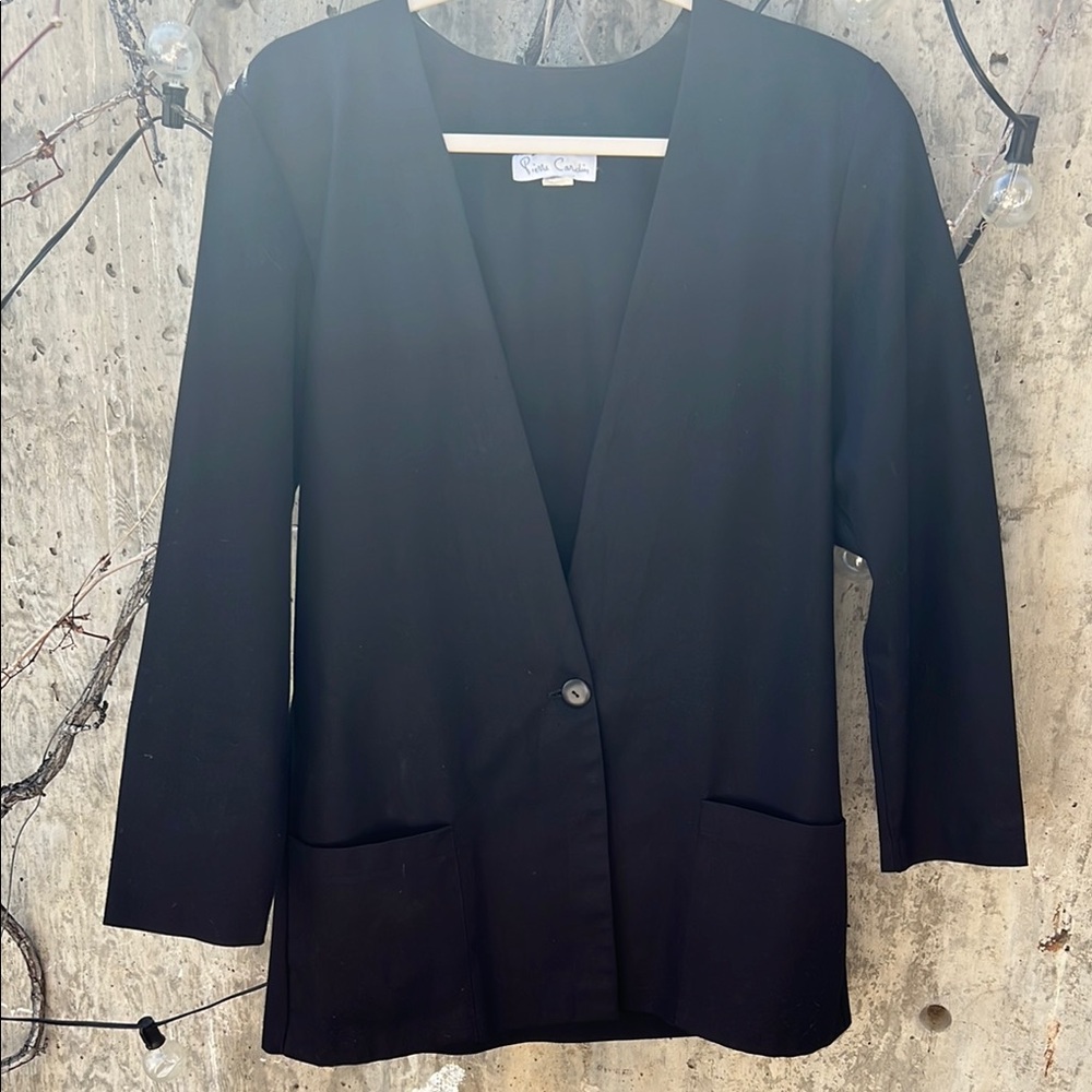 Vintage designer Pierre Cardin deep V neck Black Women's 1 Button blazer Jacket